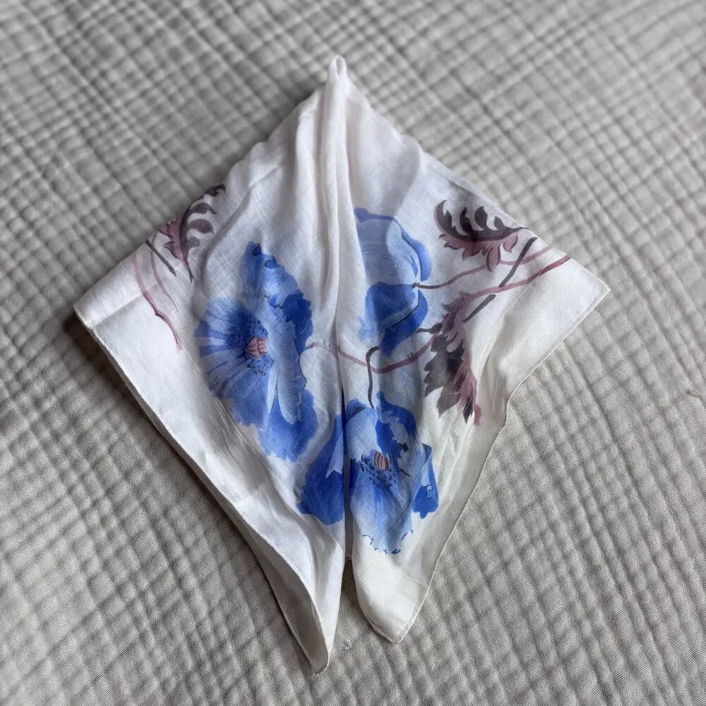 Vintage Floral Scarf Blue White Handkerchief Scarf Cottagecore Scarf Romantic